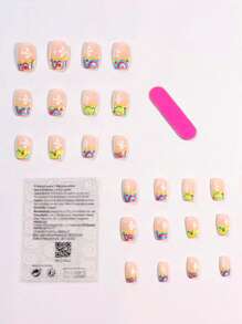 Colorful Swirl French Tip Press On Nails, 24pcs Medium Coffin Floral Fake Nail & 1sheet Tape & 1pc Nail File - Multicolor - View 2