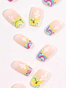 Colorful Swirl French Tip Press On Nails, 24pcs Medium Coffin Floral Fake Nail & 1sheet Tape & 1pc Nail File - Multicolor - View 3