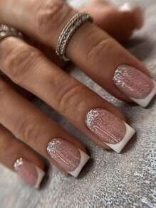 24入組短方形金屬亮絲假指甲和1張膠帶和1入組指甲銼 - 彩色 - 查看 1