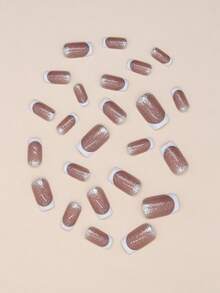 24入組短方形金屬亮絲假指甲和1張膠帶和1入組指甲銼 - 彩色 - 查看 5