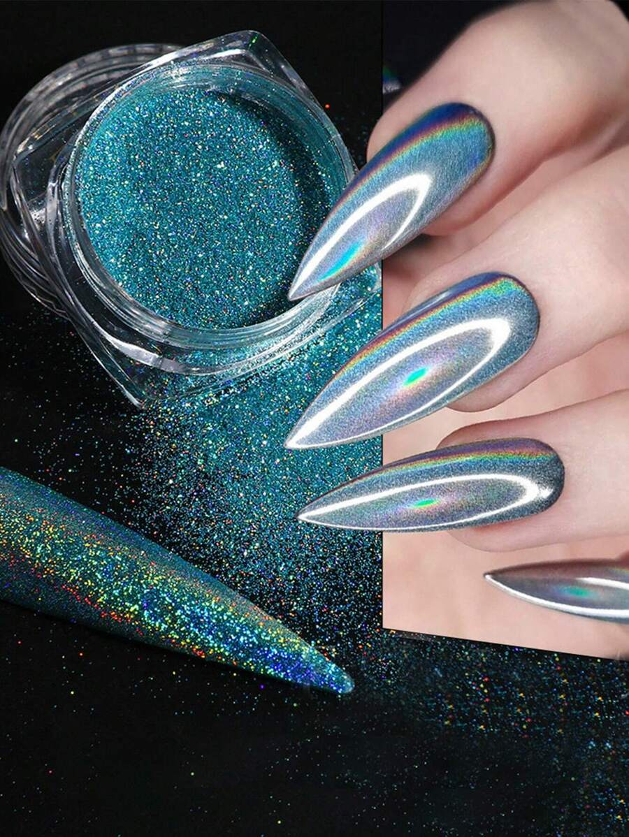 美人鱼彩虹色美甲闪光粉，1 盒全息镀铬粉凝胶抛光装饰 DIY 指甲饰品指甲宝石美甲用品 - 藍色 - 查看 1