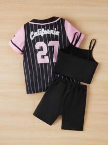 SHEIN Explorewe Cô gái Tween Đồ họa sọc & chữ Áo sơ mi & Bộ áo & quần short Cami - màu đen - Xem 2