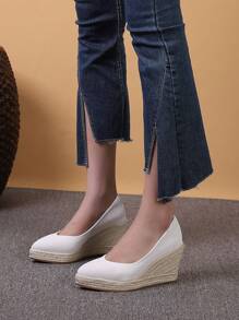 女士極簡編織宮廷坡跟度假坡跟鞋 - 米色 - 查看 2