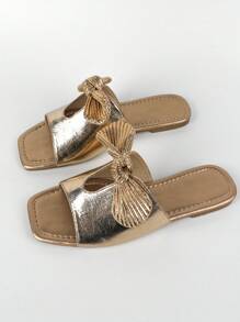 女士金屬質感蝴蝶結裝飾魅力四射涼鞋香檳色 - 香檳色 - 查看 6