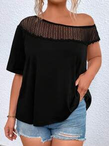 SHEIN Clasi Plus Contrast Lace Asymmetrical Neck Top - Black - View 4