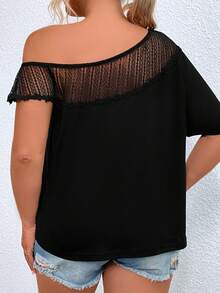 SHEIN Clasi Plus Contrast Lace Asymmetrical Neck Top - Black - View 2