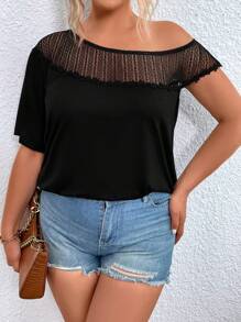 SHEIN Clasi Plus Contrast Lace Asymmetrical Neck Top - Black - View 1