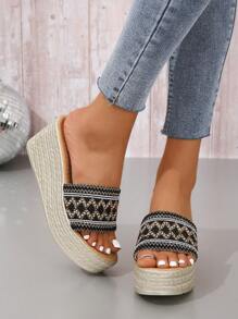 女士幾何樣式編織坡跟度假涼鞋 - 黑色 - 查看 2