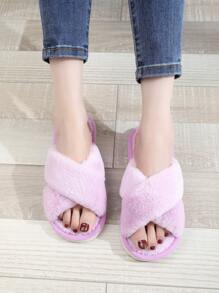 女士極簡交叉毛茸茸臥室拖鞋,織物時尚拖鞋