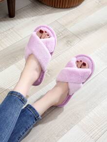 女士極簡交叉毛茸茸臥室拖鞋,織物時尚拖鞋
