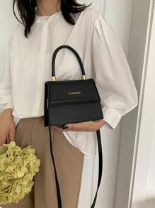 迷你字母圖案翻蓋方包黑色休閒頂部單條提帶 - 黑色 - 查看 2