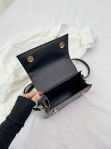 迷你字母圖案翻蓋方包黑色休閒頂部單條提帶 - 黑色 - 查看 5