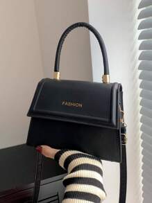 迷你字母圖案翻蓋方包黑色休閒頂部單條提帶 - 黑色 - 查看 7