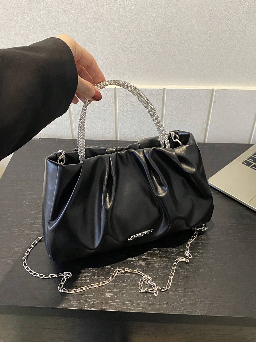 百褶時髦圓環帶日常女性多用途外出包 - 黑色 - 查看 1