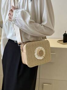 迷你花朵裝飾草編流行斜肩包女性編織海灘翻蓋錢包 - 卡其色 - 查看 2