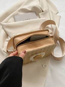 迷你花朵裝飾草編流行斜肩包女性編織海灘翻蓋錢包 - 卡其色 - 查看 5