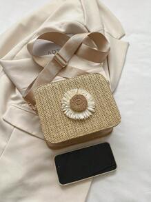 迷你花朵裝飾草編流行斜肩包女性編織海灘翻蓋錢包 - 卡其色 - 查看 6