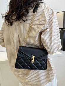 Quilted Flap Chain Strap Square Bag Black Fashionable - Black - View 7