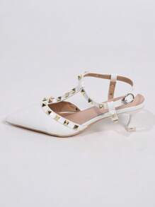 女士鉚釘裝飾踝帶尖頭龐克高跟鞋 - 白色 - 查看 3