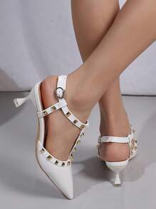 女士鉚釘裝飾踝帶尖頭龐克高跟鞋 - 白色 - 查看 5