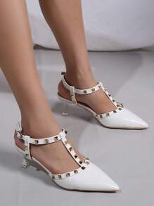 女士鉚釘裝飾踝帶尖頭龐克高跟鞋 - 白色 - 查看 6