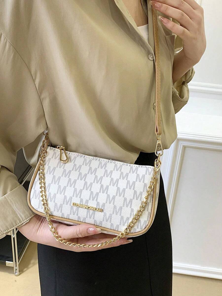女士PU M字母链条单肩包，时尚腋下包，可单肩、斜挎、法棍包，可爱通勤购物两用 - 白色 - 查看 1