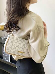 女士PU M字母链条单肩包，时尚腋下包，可单肩、斜挎、法棍包，可爱通勤购物两用 - 白色 - 查看 2