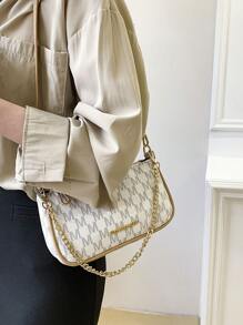 女士PU M字母链条单肩包，时尚腋下包，可单肩、斜挎、法棍包，可爱通勤购物两用 - 白色 - 查看 3