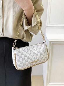 女士PU M字母链条单肩包，时尚腋下包，可单肩、斜挎、法棍包，可爱通勤购物两用 - 白色 - 查看 4