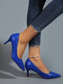女士时尚休闲户外细高跟纯色合成PU尖头高跟鞋 - 藍色 - 查看 3