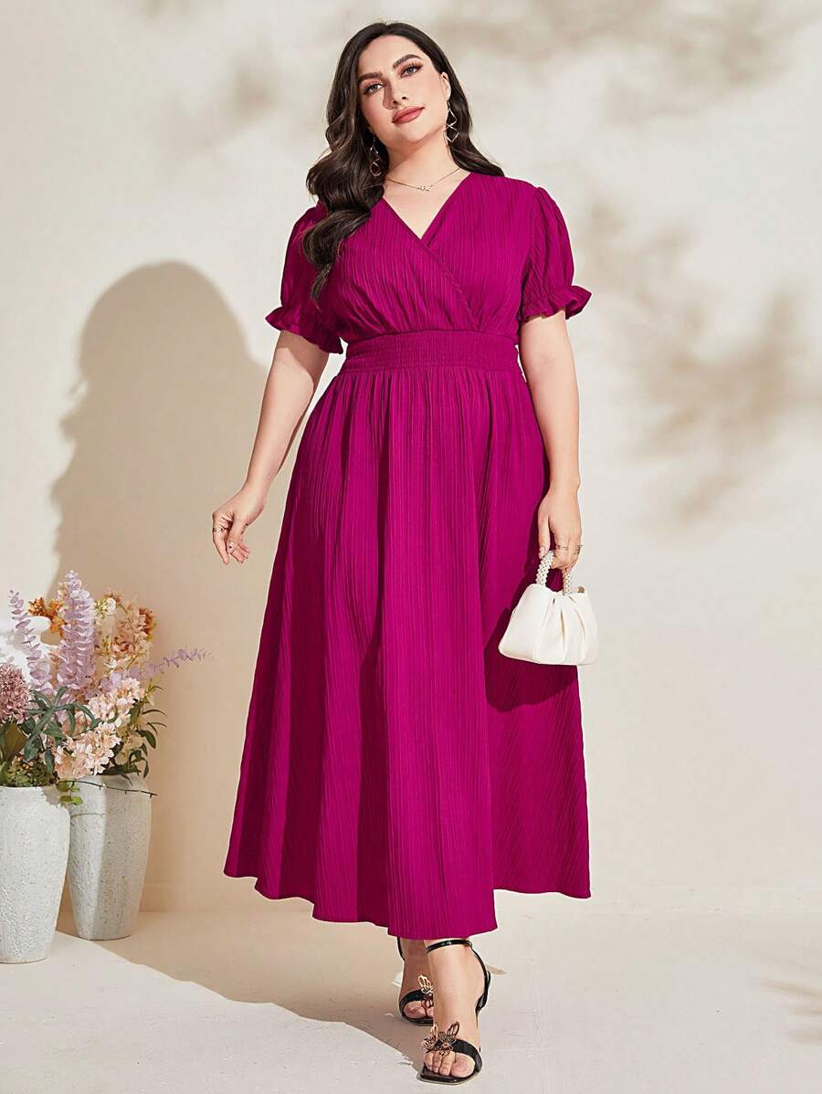 Modelyn Plus Surplice Neck Puff Sleeve Dress Long Evening Dresses - Hot Pink - View 1