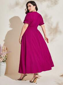Modelyn Plus Surplice Neck Puff Sleeve Dress Long Evening Dresses - Hot Pink - View 2