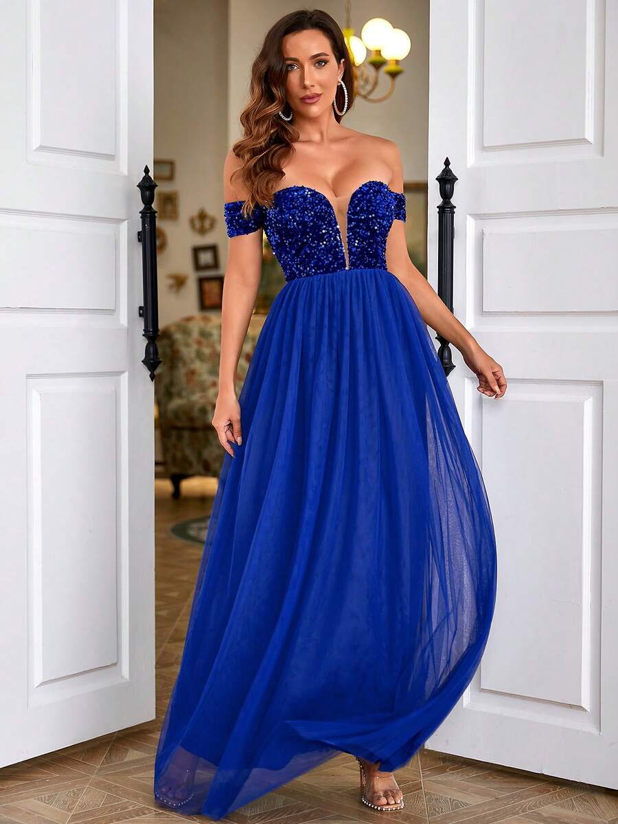 LOVE&LEMONADE 一字肩亮片緊身上衣網紗伴娘連衣裙 - 藍色 - 查看 1