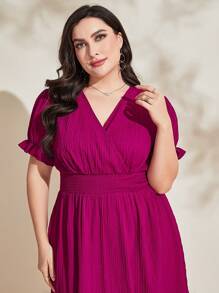 Modelyn Plus Surplice Neck Puff Sleeve Dress Long Evening Dresses - Hot Pink - View 3