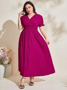 Modelyn Plus Surplice Neck Puff Sleeve Dress Long Evening Dresses - Hot Pink - View 5