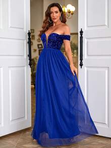 LOVE&LEMONADE 一字肩亮片緊身上衣網紗伴娘連衣裙 - 藍色 - 查看 4