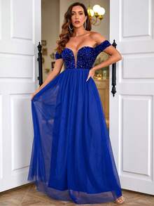 LOVE&LEMONADE 一字肩亮片緊身上衣網紗伴娘連衣裙 - 藍色 - 查看 6