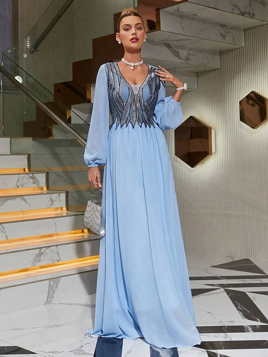 Đầm Thêu Khối Màu Khiêm tốn - Màu xanh lam - Xem 1