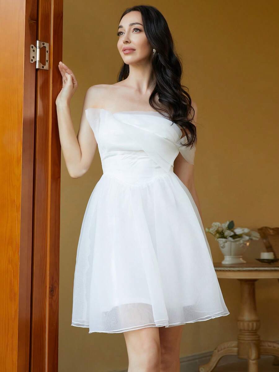 Missord Off Shoulder Ruched Mesh Dress Graduation Dress, Semi Formal Dress - White - View 1