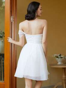 Missord Off Shoulder Ruched Mesh Dress Graduation Dress, Semi Formal Dress - White - View 2