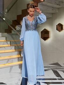 Đầm Thêu Khối Màu Khiêm tốn - Màu xanh lam - Xem 4