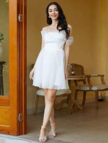 Missord Off Shoulder Ruched Mesh Dress Graduation Dress, Semi Formal Dress - White - View 3