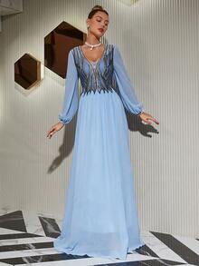 Đầm Thêu Khối Màu Khiêm tốn - Màu xanh lam - Xem 5