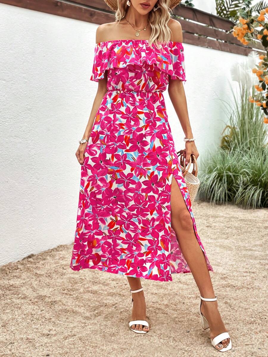 SHEIN VCAY Vestido con estampado floral de hombros descubiertos ribete con fruncido de muslo con abertura - Rosa Fucsia - Ver 1