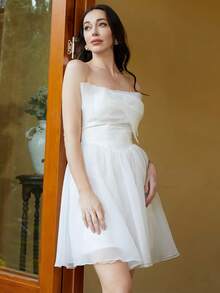 Missord Off Shoulder Ruched Mesh Dress Graduation Dress, Semi Formal Dress - White - View 6