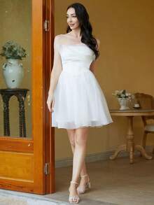 Missord Off Shoulder Ruched Mesh Dress Graduation Dress, Semi Formal Dress - White - View 8