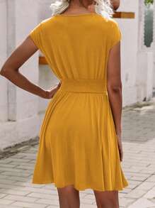 SHEIN VCAY Solid Surplice Neck A-line Dress - Yellow - View 2