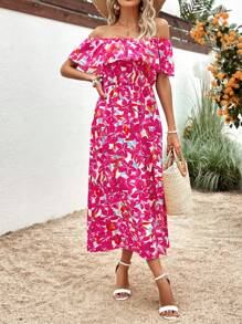 SHEIN VCAY Vestido con estampado floral de hombros descubiertos ribete con fruncido de muslo con abertura - Rosa Fucsia - Ver 4