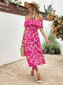 SHEIN VCAY Vestido con estampado floral de hombros descubiertos ribete con fruncido de muslo con abertura - Rosa Fucsia - Ver 6