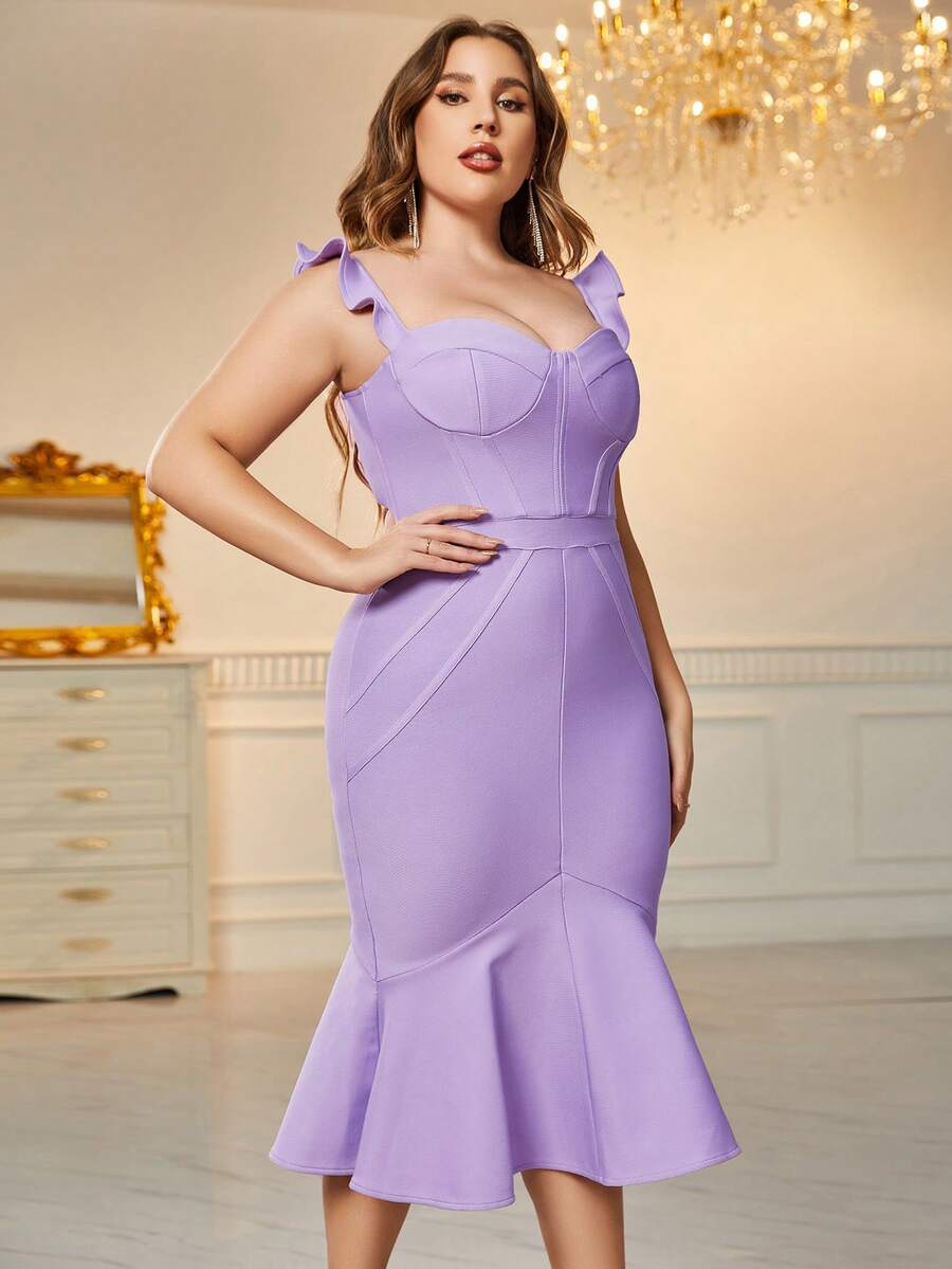 大碼荷葉邊魚尾裙下擺緊身連衣裙 - 紫丁香色 - 查看 1